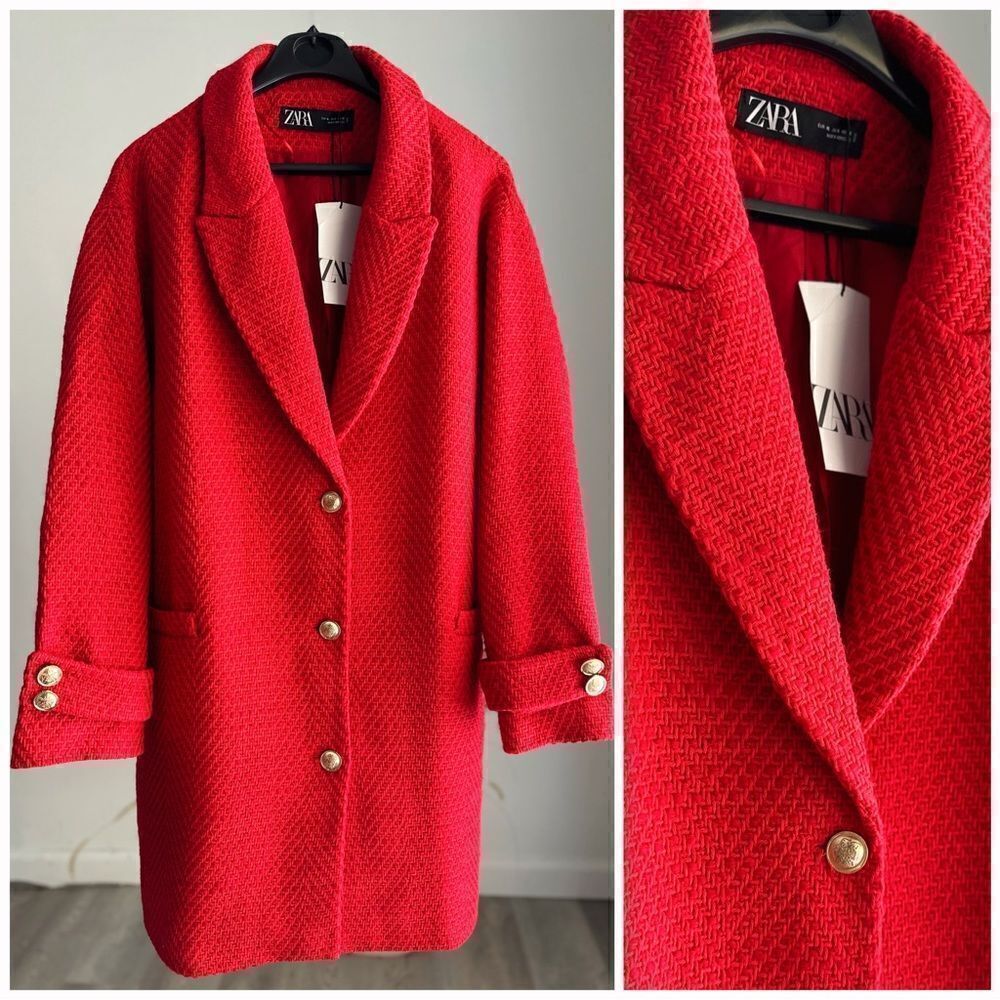 Zara Textured Tweed Coat Gold Buttons New Xl